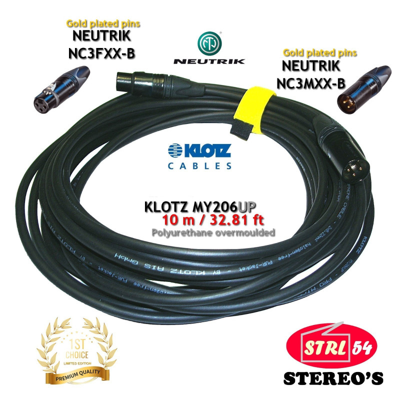 HQ+ XLR Cable 10 M Audio Micro KLOTZ MY206UP NEUTRIK NC3FXX-B NC3MXX-B