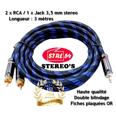 Cordon Jack ♂ stereo 3,5 mm vers 2 x Cinch RCA  ♂ câble HIFI 3,0 m PREMIUM GOLD