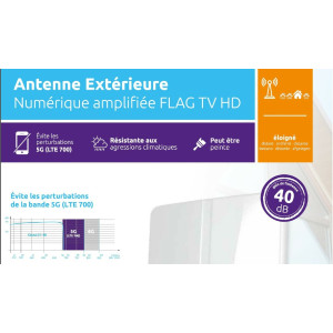 Antenne TNT Extérieure Amplifiée 40dB SEDEA FLAG TV HD