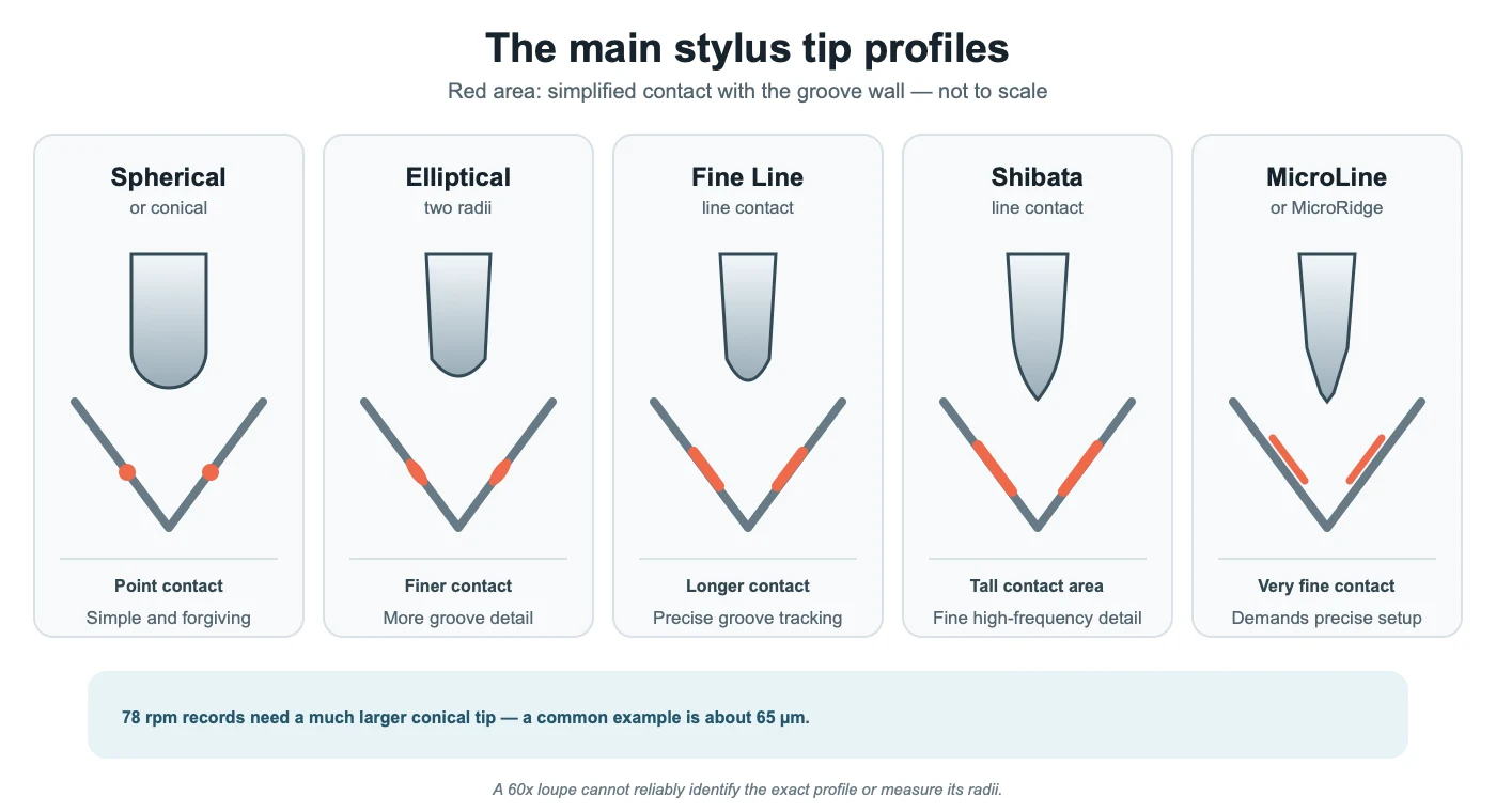 Comparison of spherical, elliptical, Fine Line, Shibata and MicroLine turntable stylus profiles